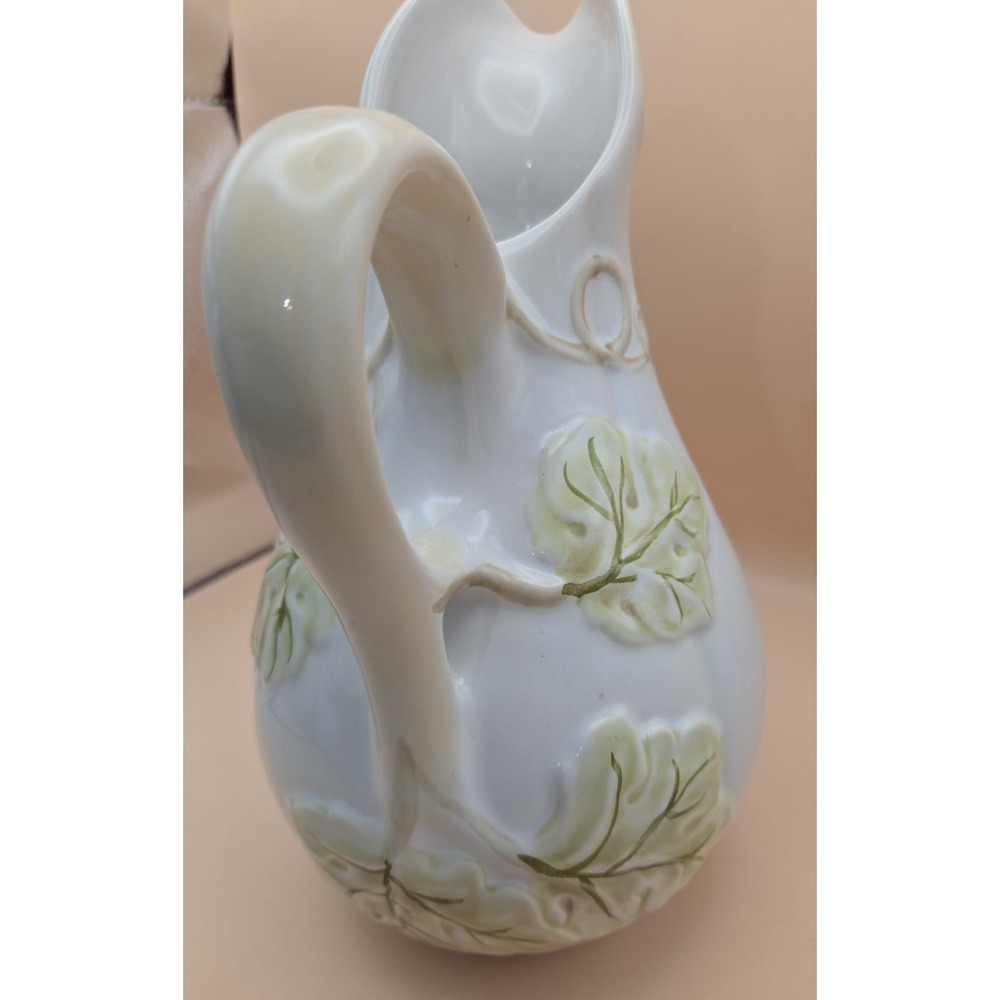Ceramic Pitcher Gourd White And Light Green Embossed - Picture 8 of 10